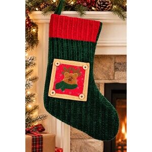 Green Red Velvet Christmas Stocking Reindeer Applique Button Detail Holiday...